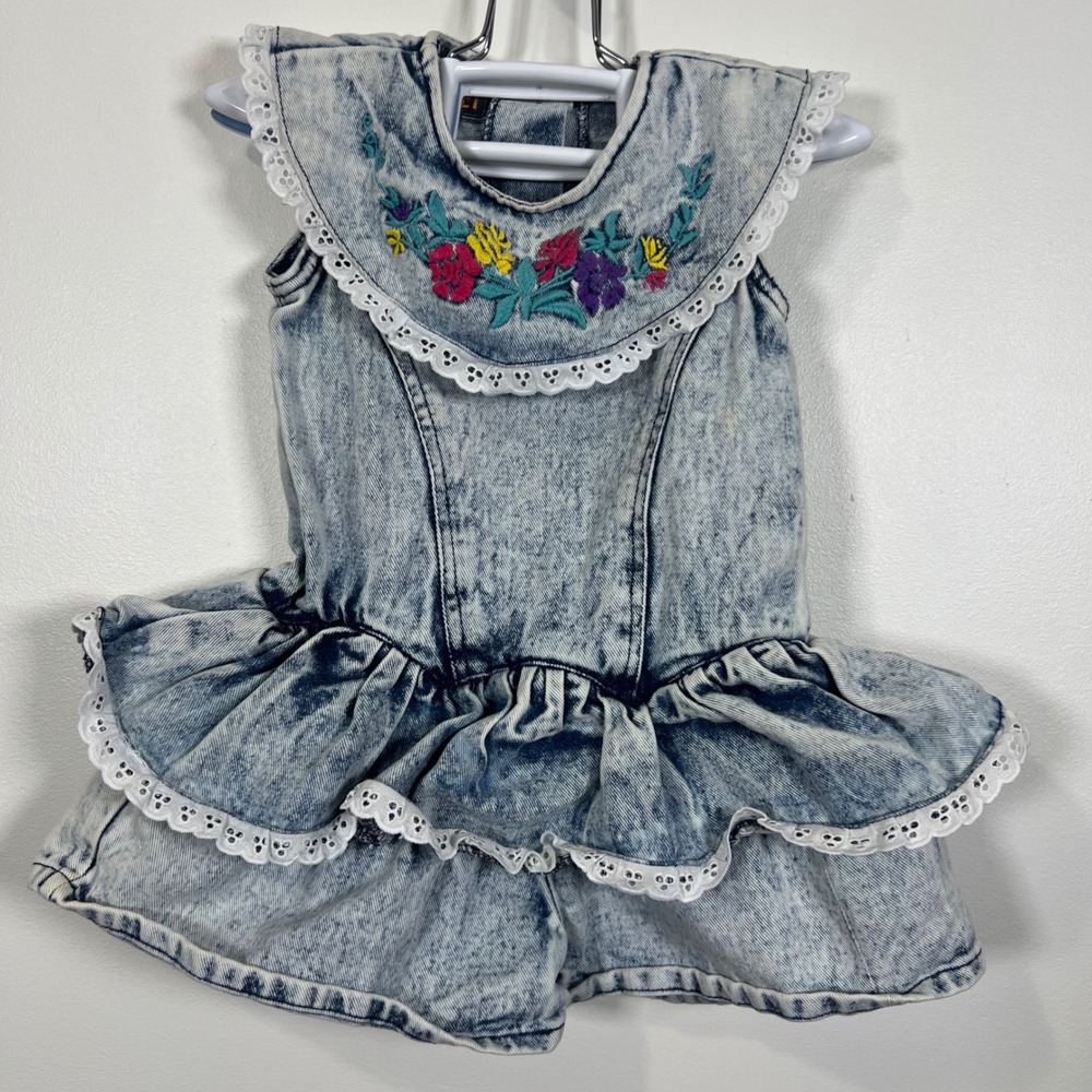 Vintage Longstreet Girls Acid Wash Denim Romper Floral Eyelet Lace Trim Size 2